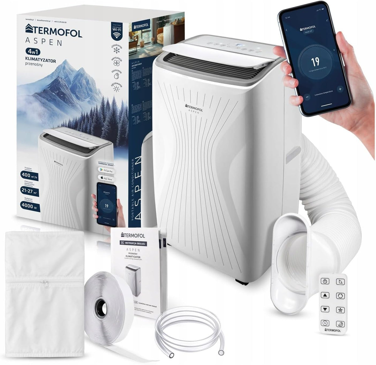 Termofol ASPEN mobile Klimaanlage 4000 W - 4 in 1 mit Kühlen Heizen Entfeuchten und Ventilieren - WLAN Fernsteuerung für Smart Home - Weißes Klimagerät mit 54 dB Betrieb