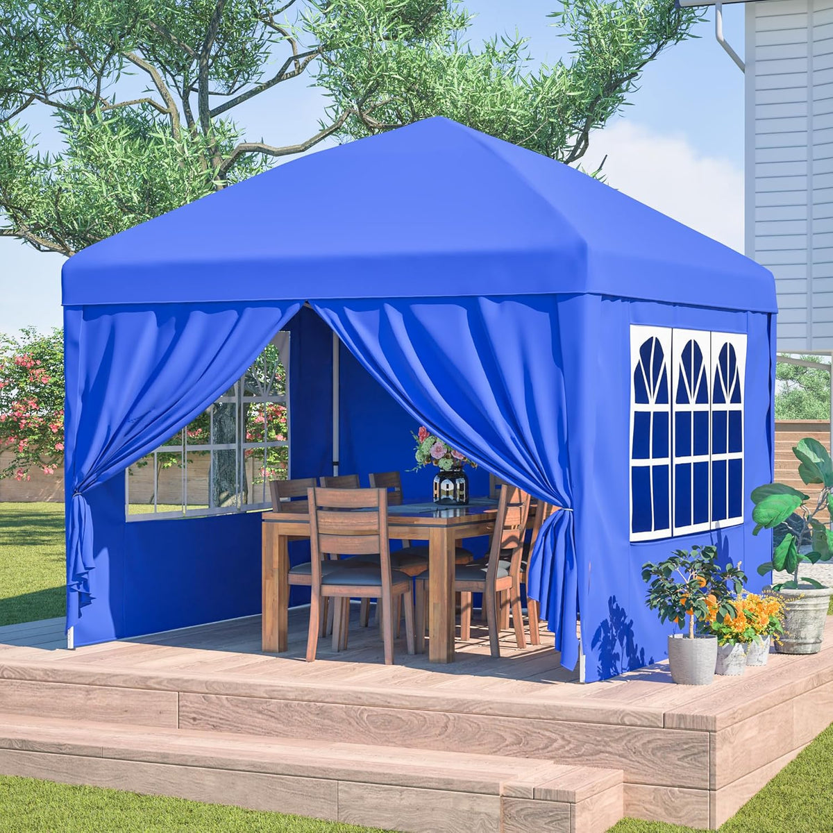 Faltpavillon 3 x 3 m Blau - Wasserdichte Überdachung mit 4 Seitenwänden - Höhenverstellbar mit Sandsäcken und Abspannseilen - Für Camping Party Hochzeit und Garten