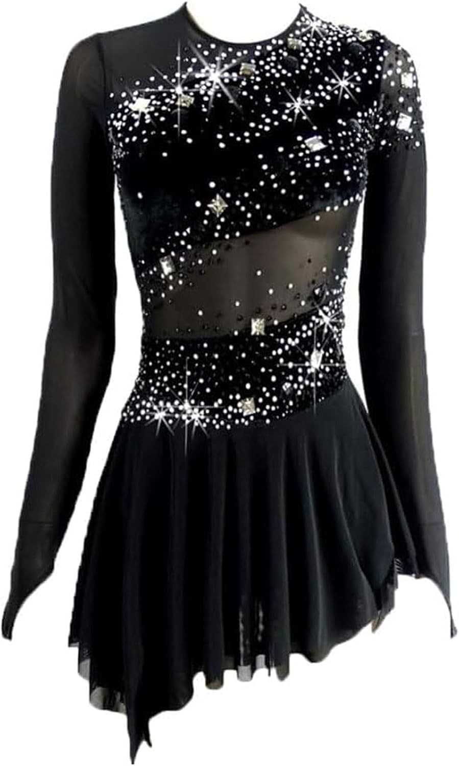 FZHQNZJF Mädchen Eiskunstlaufkleid - Langarm mit Kristallverzierung und Hakenfinger Design - Schwarz aus Spandex in Größe M - Für Training Wettbewerb und Rollkunstlauf