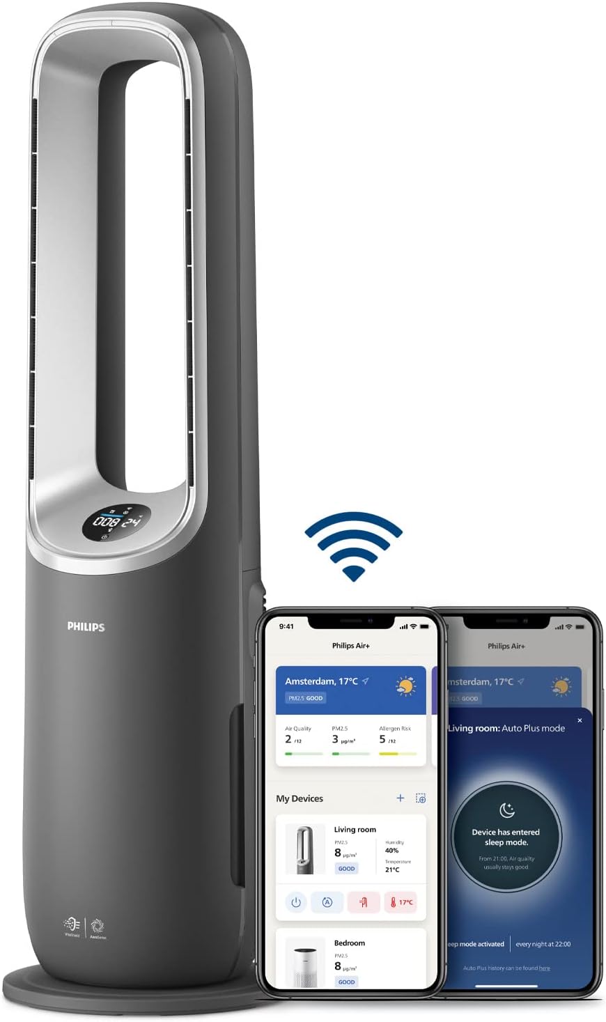 Philips Air Performer AMF870 15 3 in 1 - Luftreiniger Heiz und Kühlgebläse für bis 70 Quadratmeter - HEPA Filter und intelligente Sensoren - Alexa App Steuerung in Grau