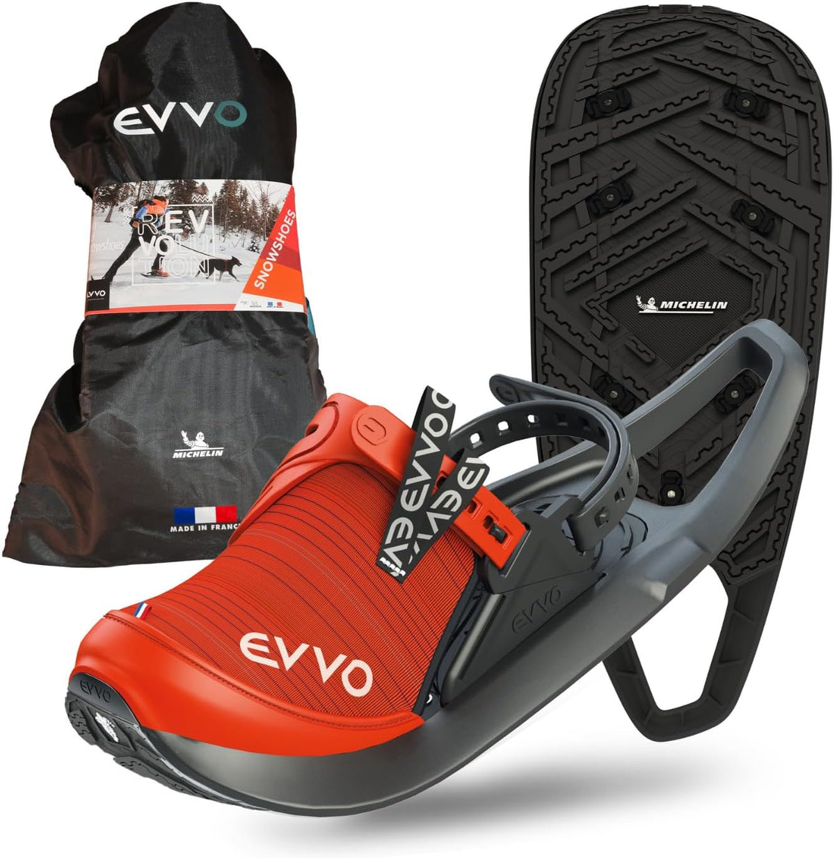 EVVO Originale Schneeschuhe L - Michelin Sohle mit Lamellenstollen und Icespike Technologie - Verstellbare Bindung für EU 42 bis 48 - Rot Schwarz mit Transporttasche