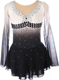 purpleq Eiskunstlauf Kleid für Mädchen und Damen - Gradient Design mit langen Ärmeln und Strass - Asymmetrischer Rock aus Baumwolle - Für Kür Gymnastik Ballett und Tanz