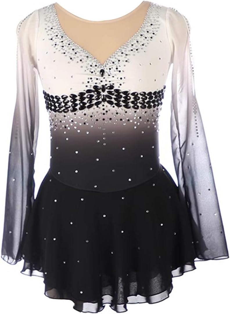 purpleq Eiskunstlauf Kleid für Mädchen und Damen - Gradient Design mit langen Ärmeln und Strass - Asymmetrischer Rock aus Baumwolle - Für Kür Gymnastik Ballett und Tanz