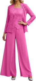 Damen Hosenanzug 3 teilig - Spitzenoberteil Chiffon Cardigan und weite Hose - 100 Prozent Nylon mit Knopfleiste - elegantes Set für Alltag und besondere Anlässe