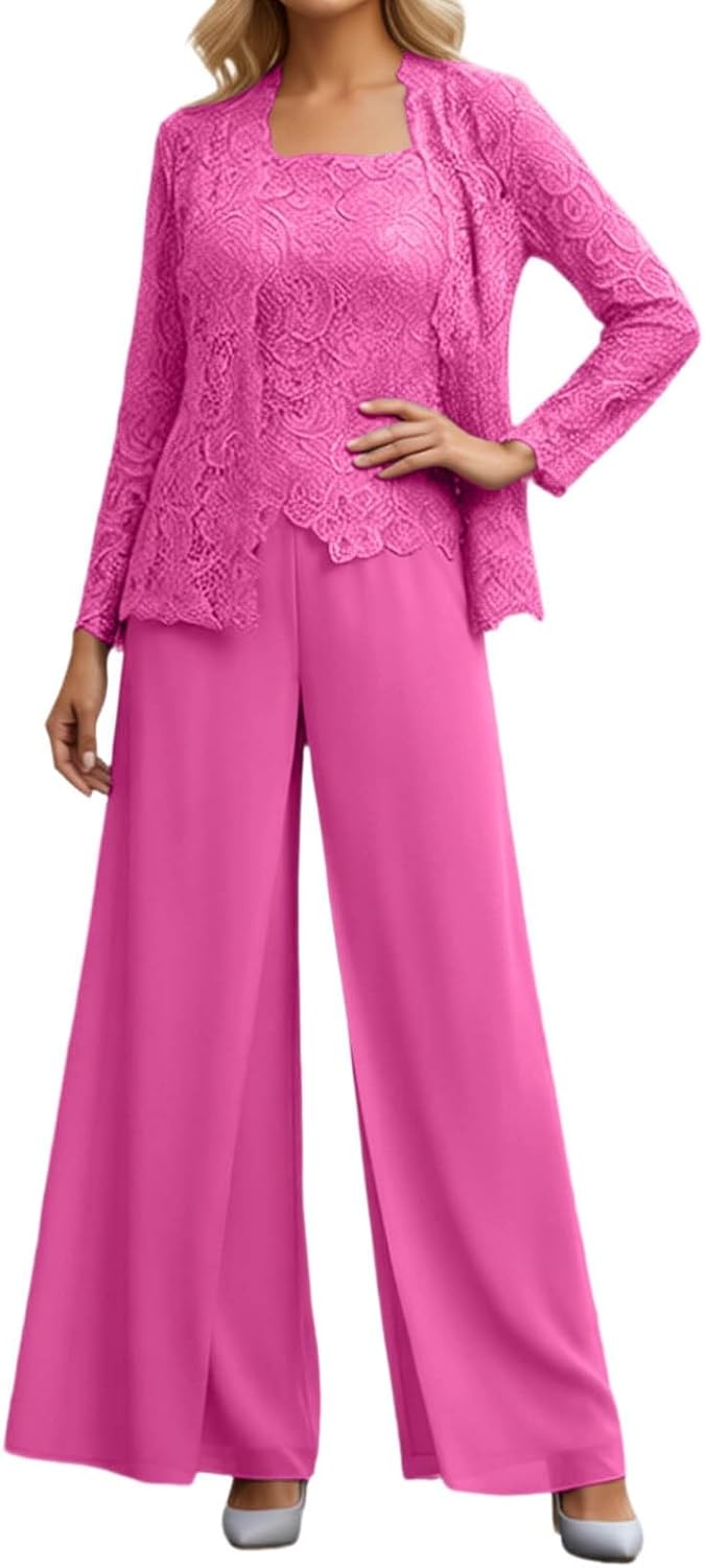 Damen Hosenanzug 3 teilig - Spitzenoberteil Chiffon Cardigan und weite Hose - 100 Prozent Nylon mit Knopfleiste - elegantes Set für Alltag und besondere Anlässe