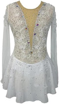 Weißes Eiskunstlauf Wettkampfkleid für Mädchen - Langarm Design mit handgemachter Blumen Dekoration - Tanzrock für Teenager - für Eislaufen Gymnastik und Performance