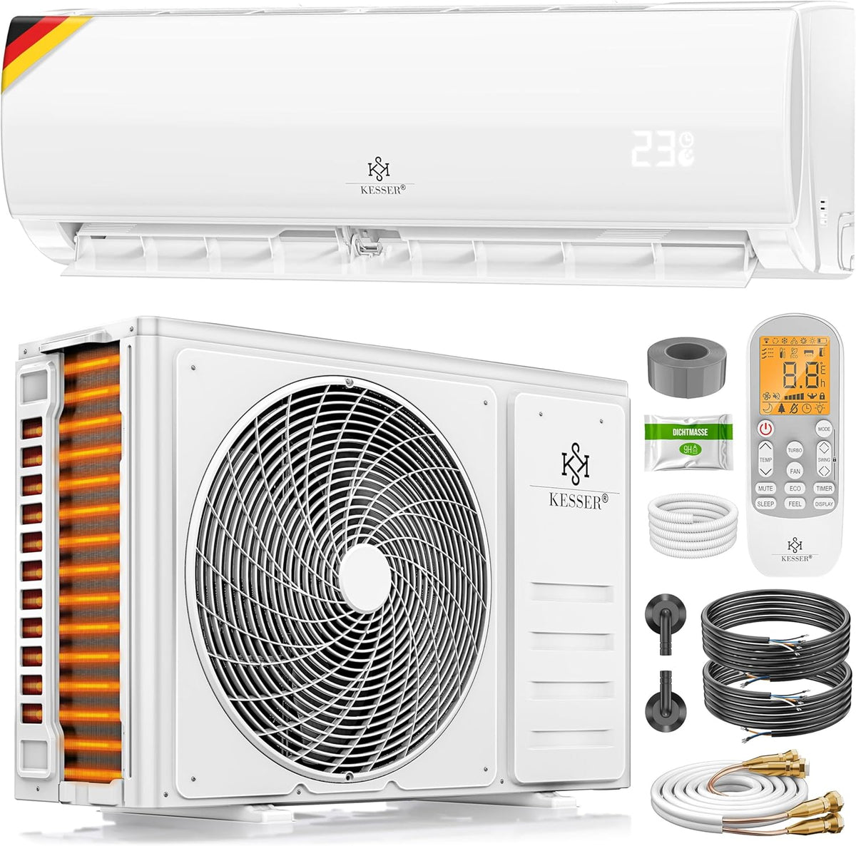 KESSER Quick Connect Split Klimaanlage 9000 BTU 2.6 kW - Kühl und Heizfunktion für Wandmontage - WiFi App Steuerung mit R32 - Kupferleitung und Montagematerial inklusive
