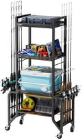 Rollbarer Angelrutenständer - Metallhalter für bis zu zehn Angelruten - Mobile Aufbewahrung für Garage Keller und Innenbereich - Für Angler und Zubehörorganisation