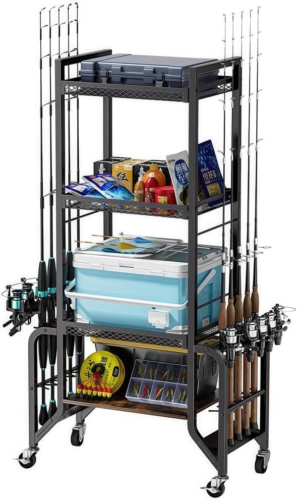 Rollbarer Angelrutenständer - Metallhalter für bis zu zehn Angelruten - Mobile Aufbewahrung für Garage Keller und Innenbereich - Für Angler und Zubehörorganisation