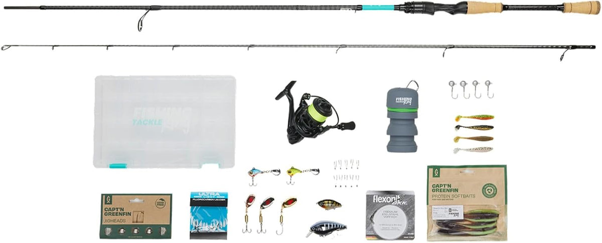 Fishing King Barsch Angelset - Spinnrute 2 Komma 30 m mit 7 bis 28 g - Spinnrolle 2000 mit Schnur und Köderbox - Mit Kunstködern und Zubehör