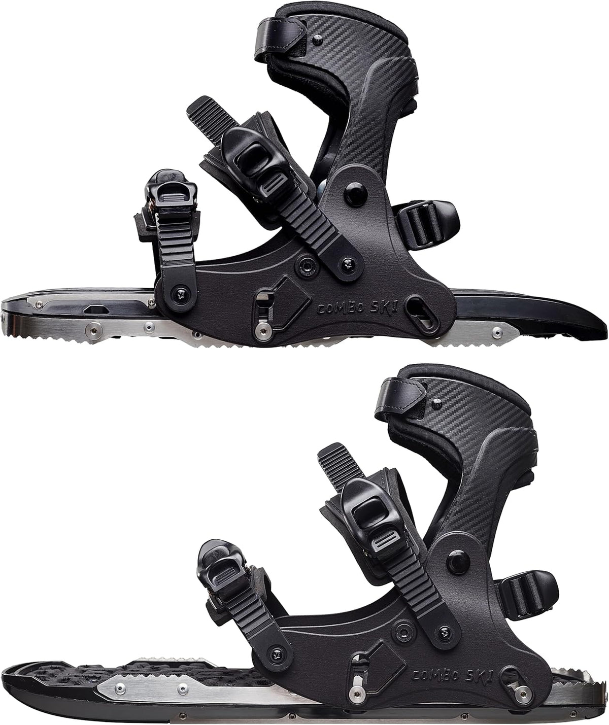 2in1 Lightweight Schneeschuhe - Jet Black für Schuhgröße 36 bis 48 - Edelstahl EVA und Polypropylen mit Spikes - Miniski für Schnee Eis Skifahren und Klettern
