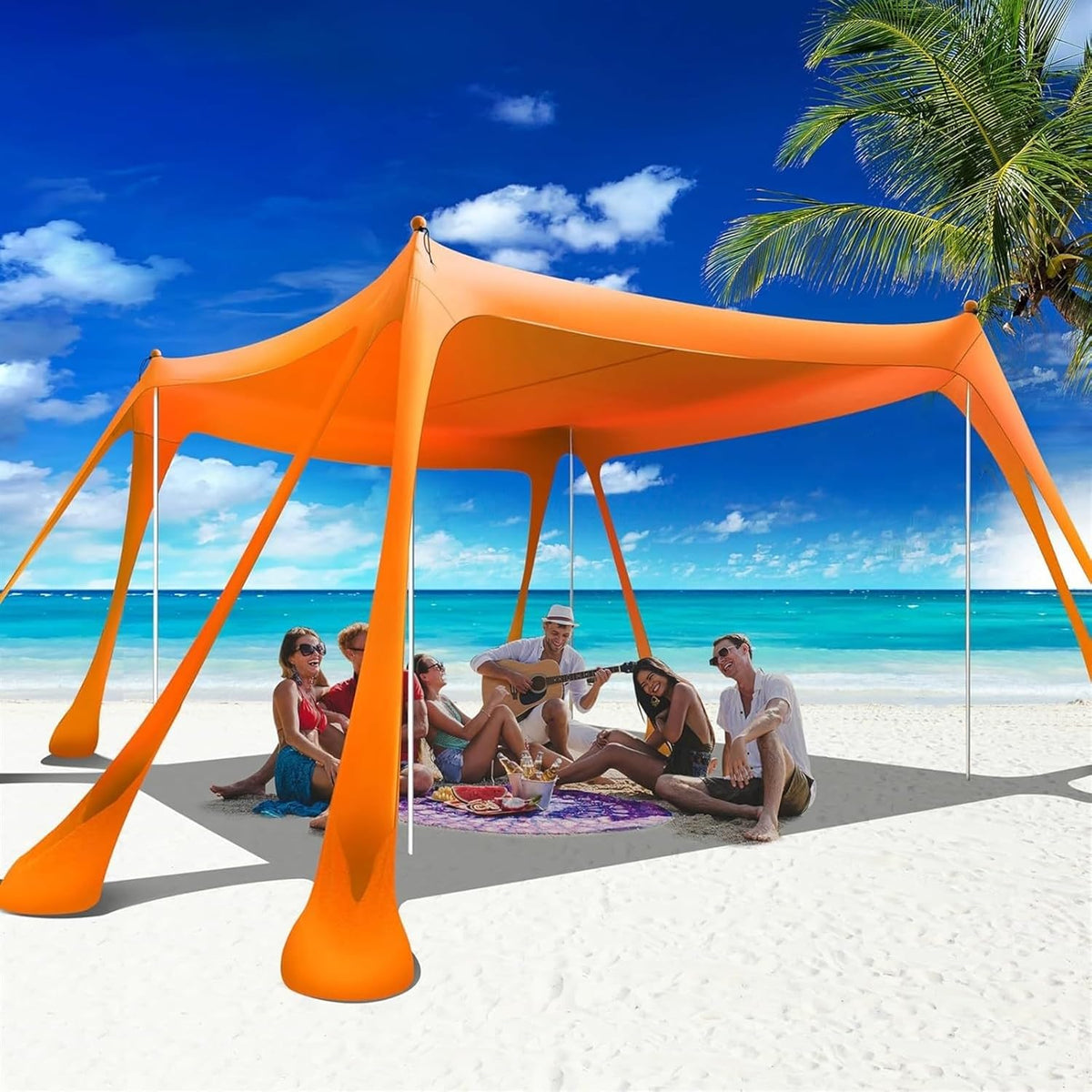 Strand Canopy 10 x 10 ft - Pop up Sonnenschutz mit UPF50 und 8 Sandsäcken - Orange mit 4 Stangen Heringen und 2 Schaufeln - Für Strand Camping und Familie