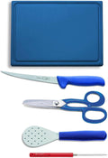 Dick Fisch Filetierset - Fünfteilig mit halbflexiblem Filetiermesser - CMV Hochleistungsstahl mit blauem Kunststoffgriff - Mit Schneidbrett 53 x 32 Komma 5 cm