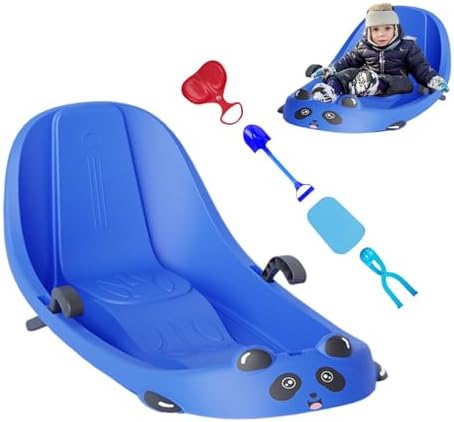 Kinder Schneeschlitten mit Rückenlehne - Bremse Schneeschaufel Schneeballclip und Heizkissen - Blau mit Skiblatt - Outdoor Rodel für kaltes Wetter