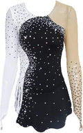 Eiskunstlauf Wettkampfkleid - Schwarz Weiß mit langen Ärmeln und dekorativem Muster - Aus Polyester für Erwachsene und Kinder - Performance Kleid für Mädchen und Eislauf