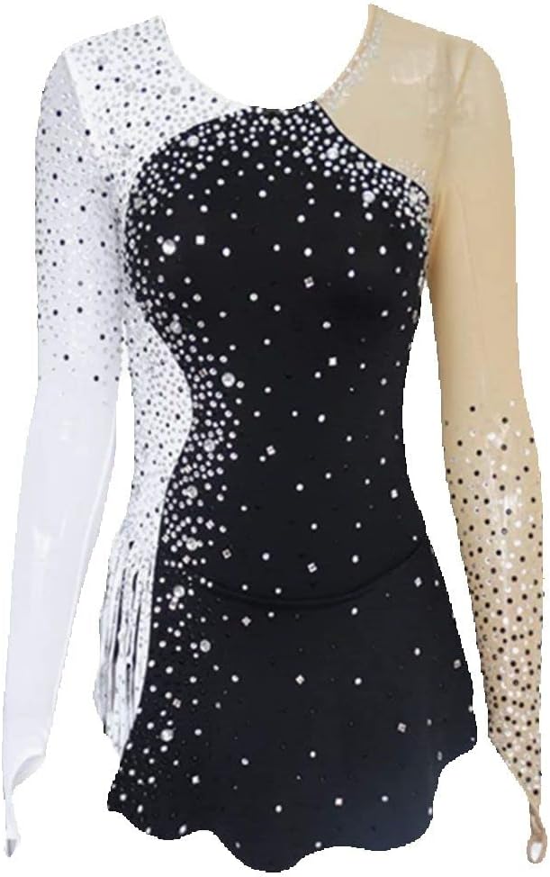 Eiskunstlauf Wettkampfkleid - Schwarz Weiß mit langen Ärmeln und dekorativem Muster - Aus Polyester für Erwachsene und Kinder - Performance Kleid für Mädchen und Eislauf