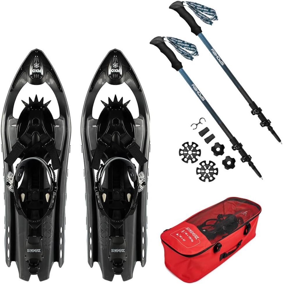 INOOK OXM Carbon Schneeschuhe - Schwarz für EU 36 bis 47 mit Steighilfe - 62 x 20 cm bis 200 kg - Set mit Tragetasche und Karbonstöcken Made in France