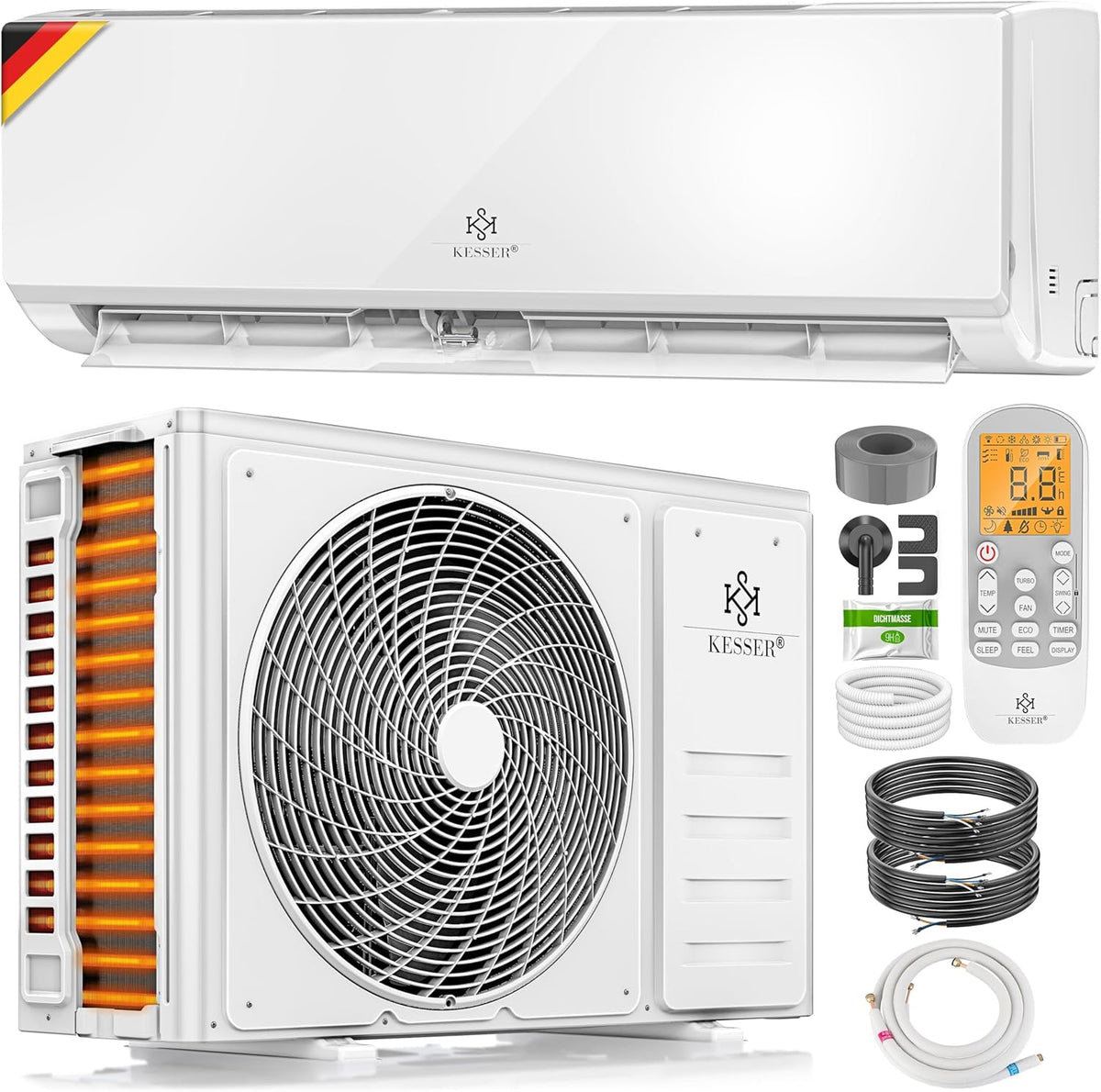KESSER Split Klimaanlage 9000 BTU - 2600 W Klimagerät mit Kühlen A Plus Plus und Heizen A Plus - WiFi App Fernbedienung Timer und R32 - Weiß mit Montagematerial