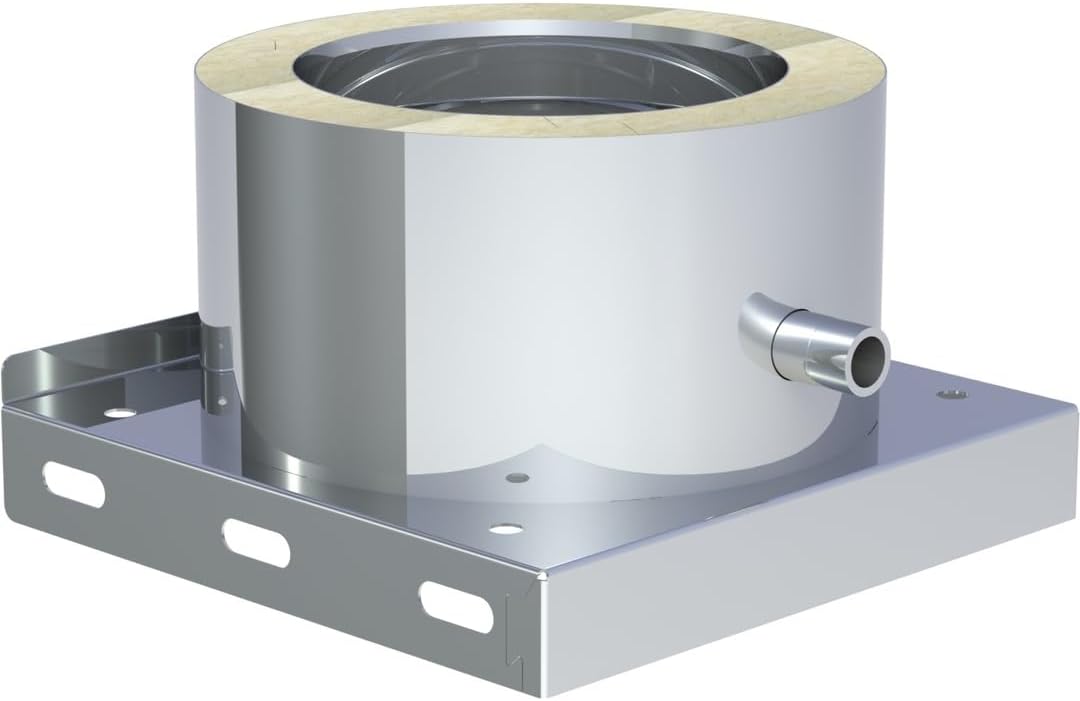 Jeremias DW FU Grundplatte 350 mm - Edelstahl Basis mit seitlichem Kondensatablauf - Doppelwandiges Schornsteinelement mit Halb Zoll Nippel - Silber für Abgassystem und Kondensatableitung