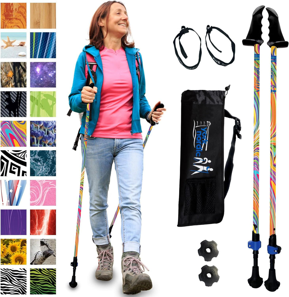 York Nordic Motivator Wanderstöcke - Zweiteiliges Set in Groovy Design - Aluminium mit Stabilitätsgriffen und 54 Zoll - Für Balance Reha und Walking