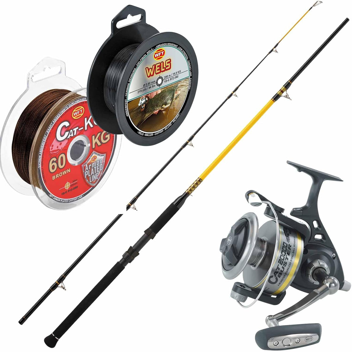 WFT Waller Bank Combo Stark - Rute Rolle und Schnur für Welsangeln - Transportmaß 139 Komma 5 x 27 x 27 cm bei 1 Komma 35 kg - Für kräftige Ansitzmontagen