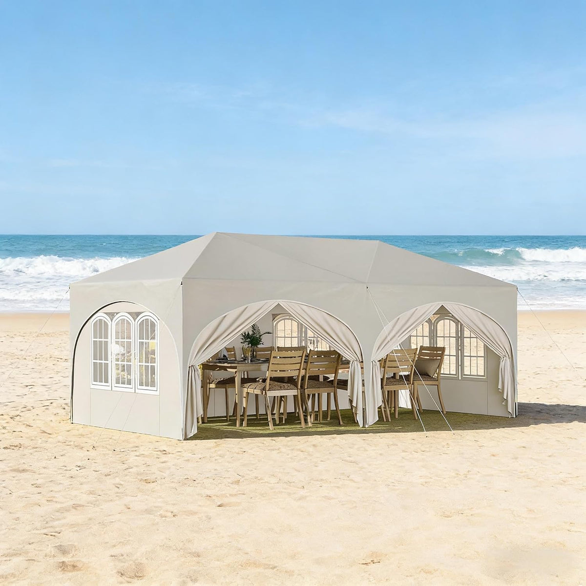Pop up Pavillon 3 x 6 m - Wasserdicht höhenverstellbar mit UV50 Schutz - Beige mit 6 Seitenwänden aus Eisen Oxford Gewebe und Kunststoff - Für Camping Party und Events