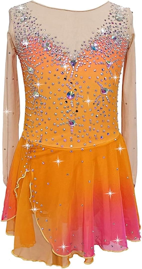 Eiskunstlauf Kleid für Damen - langärmlig mit hoher Elastizität und Flash Diamond - Baumwolle für Gymnastik und Tanz - Wettkampf Outfit für Wintersport