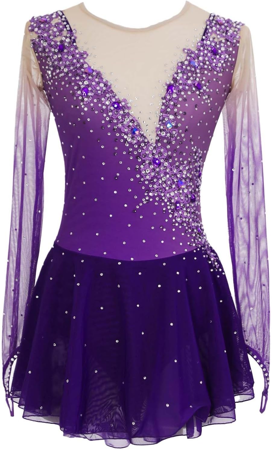 Langarm Eiskunstlaufkleid - Mit Rundhalsausschnitt für Mädchen und Frauen - Wettkampf und Eistanzkleid - Performance Kleidung für Training Choreografie und Eislauf