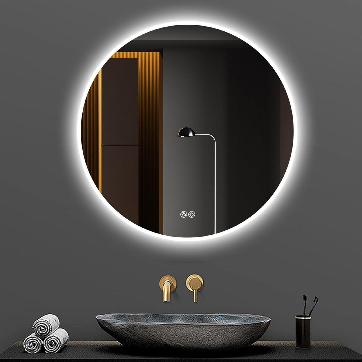 Tidyard LED Rundspiegel 70 cm - Badezimmerspiegel mit dreifarbiger dimmbarer Beleuchtung - Runde Spiegelfläche mit Anti Beschlag Funktion - Für Badezimmer Schlafzimmer und Waschtischbereich