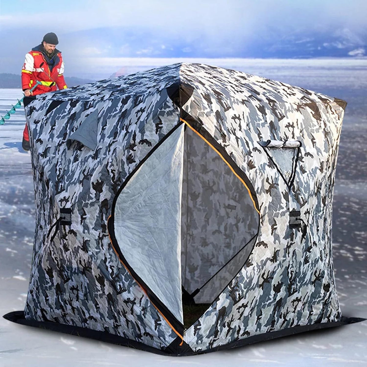 Isolierte Eisangelhütte - Pop Up Unterstand für drei bis vier Personen - Mit Herdanschluss zwei Türen und vier Fenstern - Für Eisangeln und Wintercamping