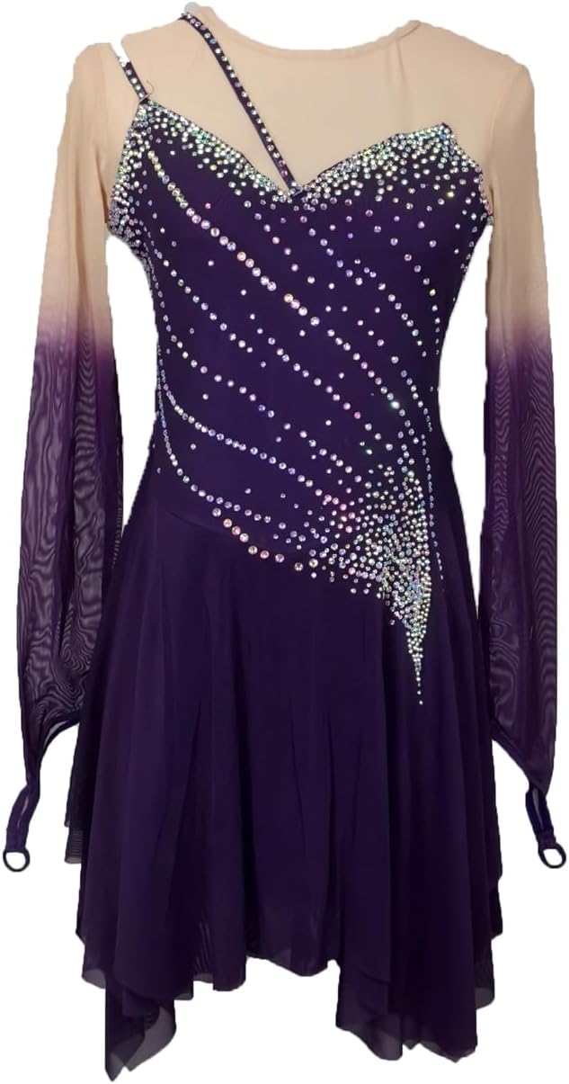 Eiskunstlaufkleid für Mädchen - Langarm und handgefertigtes Tanzdesign - Pull On Schnitt für einfaches Anziehen - Für Eislauftraining Wettbewerb und Performance