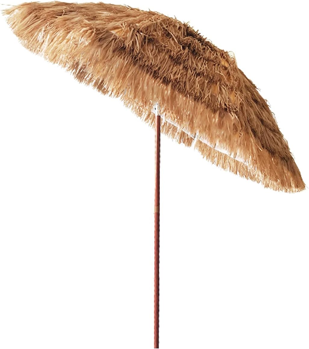 Hawaii Stroh Gartenschirm 2 m - Runder faltbarer Terrassenschirm in Strohoptik - Tragbarer Outdoor Parasol für Pool Garten und Café - Sonnenschirm für sommerliche Außenbereiche
