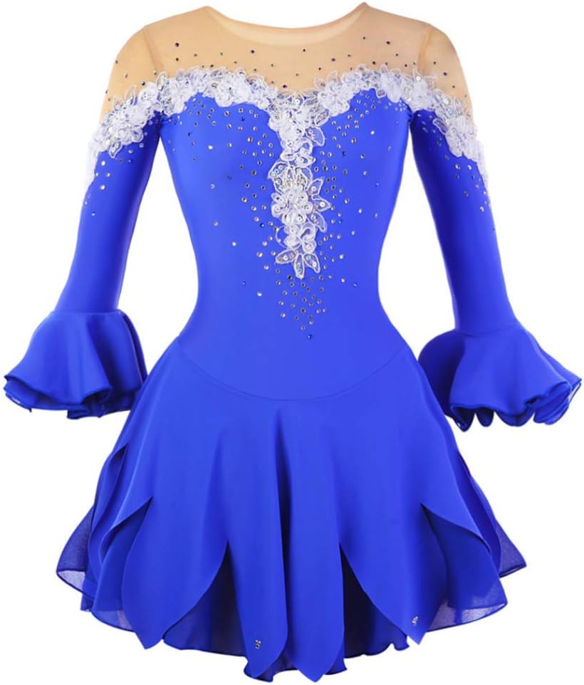 Eislauf Performance Kleid - Blau mit A Linie und langen Ärmeln - Einfarbiges Trainingskleid für Mädchen und Kinder - Hochelastische Kleidung für Eiskunstlauf und Rollschuh