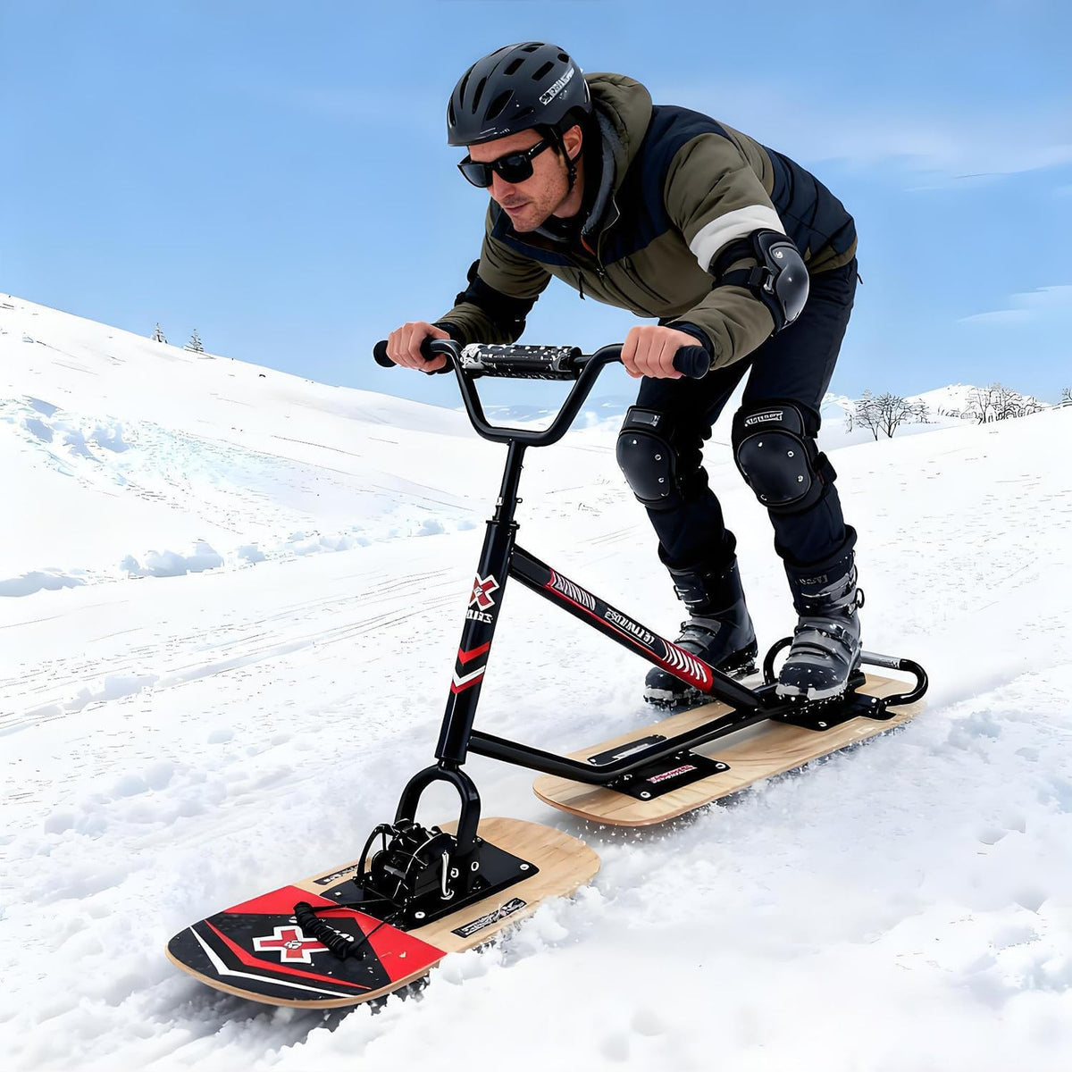 Schneescooter für Erwachsene - Woodcolor mit 360 Grad drehbarem Hinterski - Doppelboard Design mit dreifacher Verstärkung - Bis 150 kg für Snowparks und Outdoor Wintersport