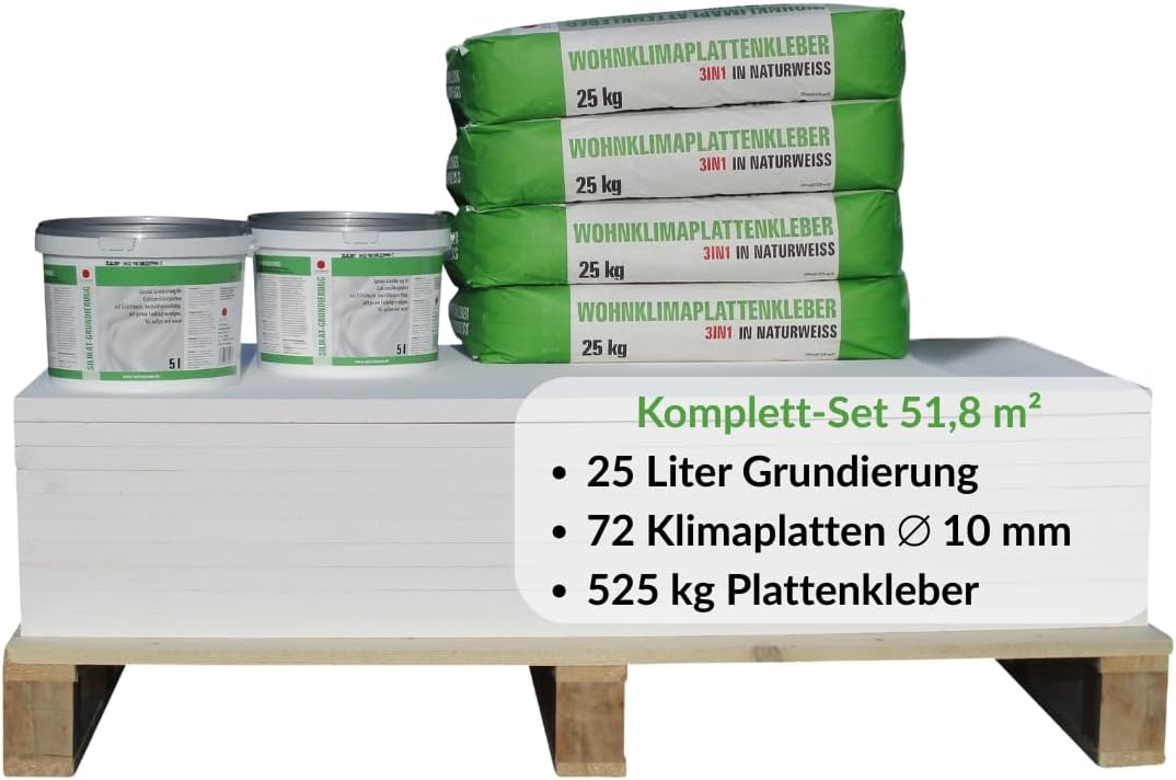 Klimaplatte 10 mm Calciumsilikat Dämmplatte - Set für 51.8 Quadratmeter Innendämmung - Für Keller Feuchtraum Renovierung und Schimmelsanierung - Mit Kleber und Grundierung