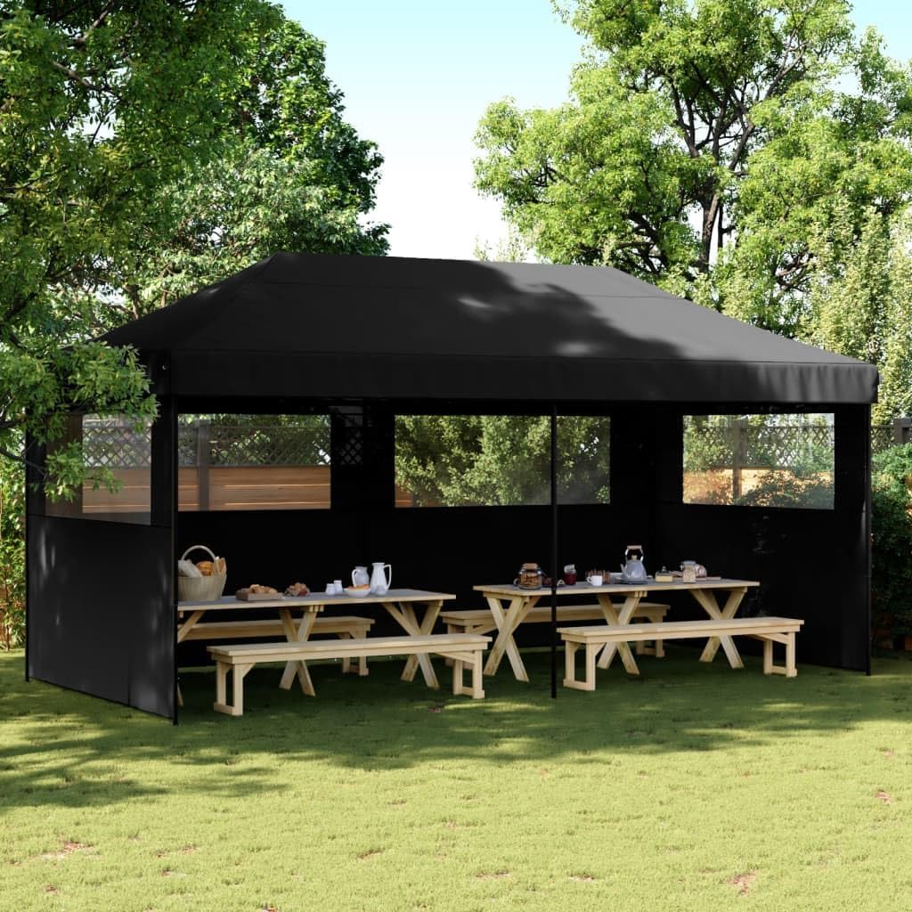 Pop Up Partyzelt Schwarz - Faltbarer Pavillon mit 3 Seitenwänden - Stahlgestell für Hochzeit Festival und Party - Gartenpavillon für flexible Outdoor Veranstaltungen
