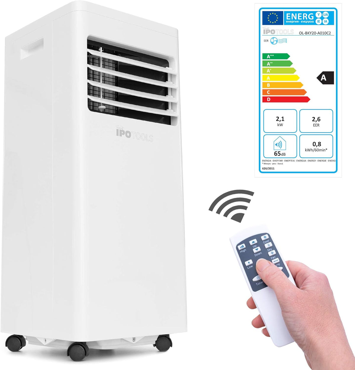 IPOTOOLS mobiles Klimagerät 7000 BTU - 3 in 1 mit Kühlen Ventilieren und Entfeuchten - Tragbare Klimaanlage mit Abluftschlauch - Kabelgebundener Betrieb mit 65 dB