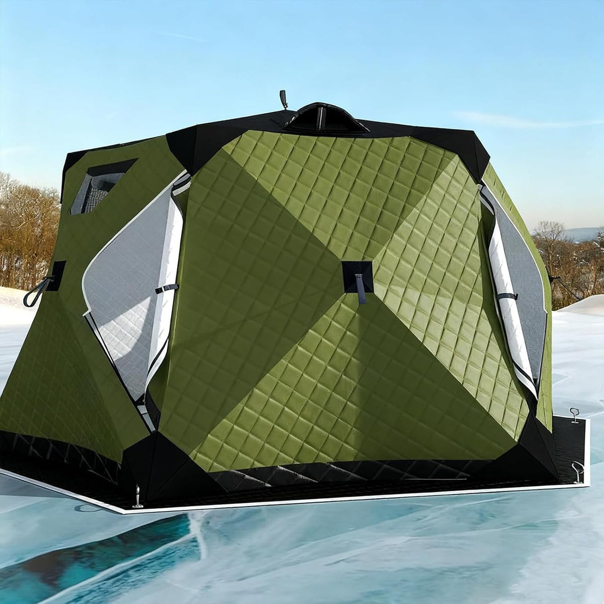 Pop Up Eisangelzelt - Sechseckiger Unterstand für sechs bis zehn Personen - Mit Ofenrohröffnung - Tragbares Winterzelt für Eisangeln und Camping