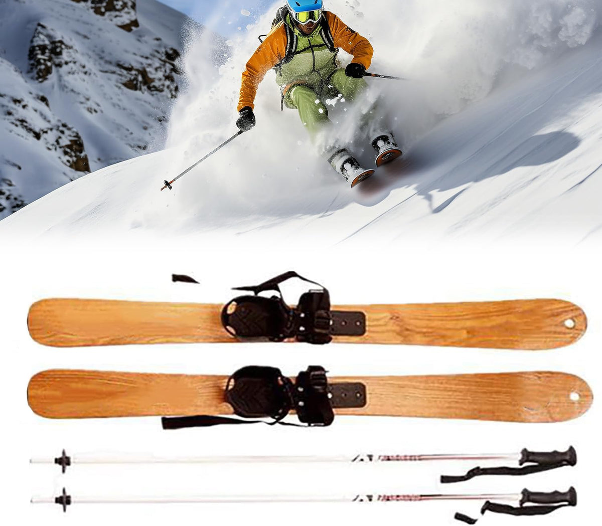 COYEUX Holzski für Erwachsene - Manchurian Ash mit Schneestöcken - Outdoor Wintersport Zubehör für Ski Alpin und Skaten - Braun mit natürlicher Holzoptik