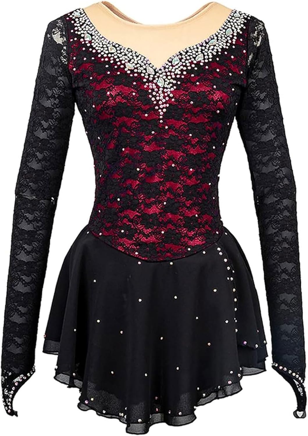 TJDWPRRD Eiskunstlauf Wettkampfkleid XXXL - Schwarzes Performance Kleid aus Elasthan mit Spitze - Hohe Elastizität - Für Ballett Gymnastik und Eislaufen