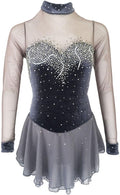 Eiskunstlauf Kleid Grau für Frauen und Mädchen - Langarm mit offenem Rücken und Strass - Hohe Elastizität für Training - Festfarbiges Skating Outfit für Eislaufen