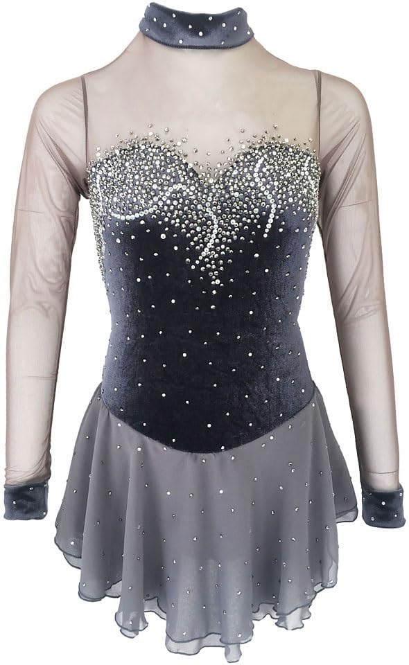 Eiskunstlauf Kleid Grau für Frauen und Mädchen - Langarm mit offenem Rücken und Strass - Hohe Elastizität für Training - Festfarbiges Skating Outfit für Eislaufen