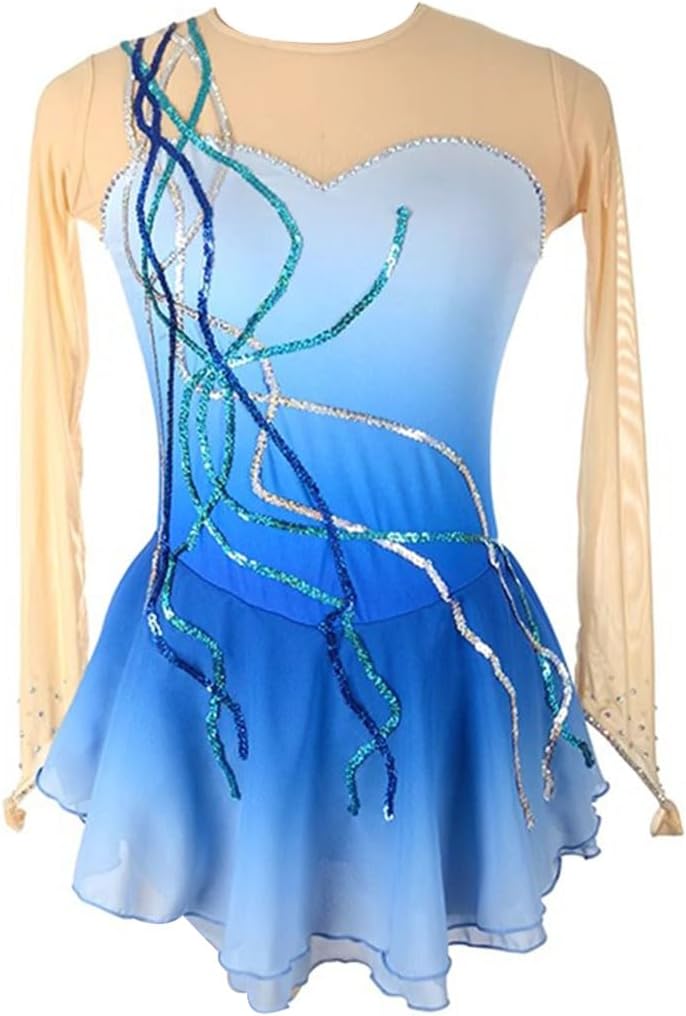 purpleq Eiskunstlauf Kleid - Langarm mit Glitzer und Strass für Mädchen und Damen - Aus Baumwolle im Ballett Stil - Kürkleid für Wettbewerb Tanz und Rollkunstlauf