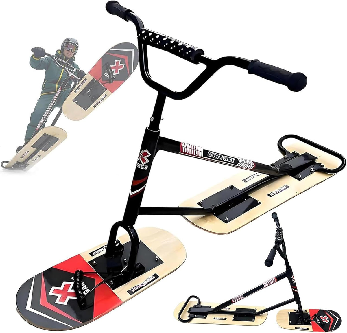 All Terrain Schneeschlitten - verstärkter Rahmen mit 360 Grad Lenkung - Holzoptik für Outdoor Abenteuer - robuster Wintersport Schlitten für verschneites Gelände