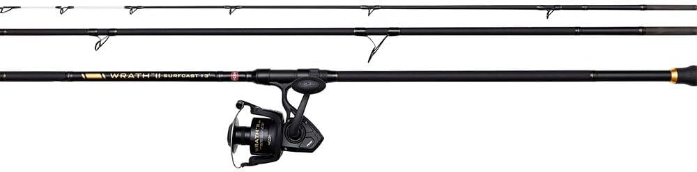 Penn Wrath II Surfcast Angelset - 3 Komma 9 m Graphitrute mit Edelstahl und Titanoxid - Schwarze Salzwasser Spinnrolle - Für Brandungsangeln und weite Würfe
