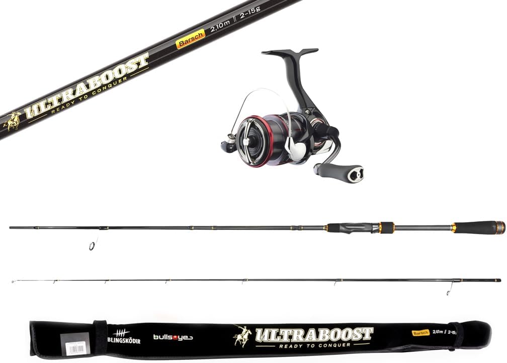 Ultraboost Barsch Angelset - 2,10 m Carbonrute mit Daiwa Fuego LT 1000 D Rolle - Schwarz Orange mit 279 g Gewicht - Für leichtes Spinnangeln