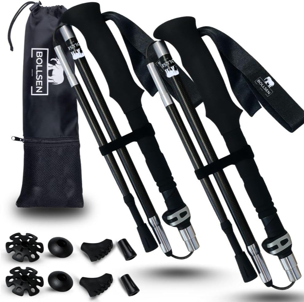 BOLLSEN 3K Carbon Extreme Wanderstöcke - Faltbar und höhenverstellbar bis 130 cm - Ultraleichte schwarze Carbon Konstruktion - Für Trekking und Nordic Walking