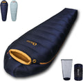 Daunenschlafsack für den Winter - Dunkelblaue Mumienform mit Graphenfutter - 620 FP Bauschkraft und komprimierbares Design - Für Camping Wandern und Trekking