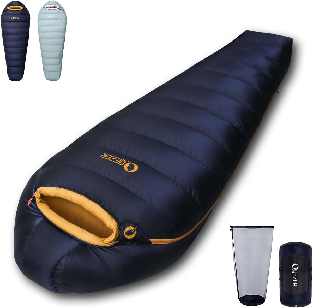 Daunenschlafsack für den Winter - Dunkelblaue Mumienform mit Graphenfutter - 620 FP Bauschkraft und komprimierbares Design - Für Camping Wandern und Trekking