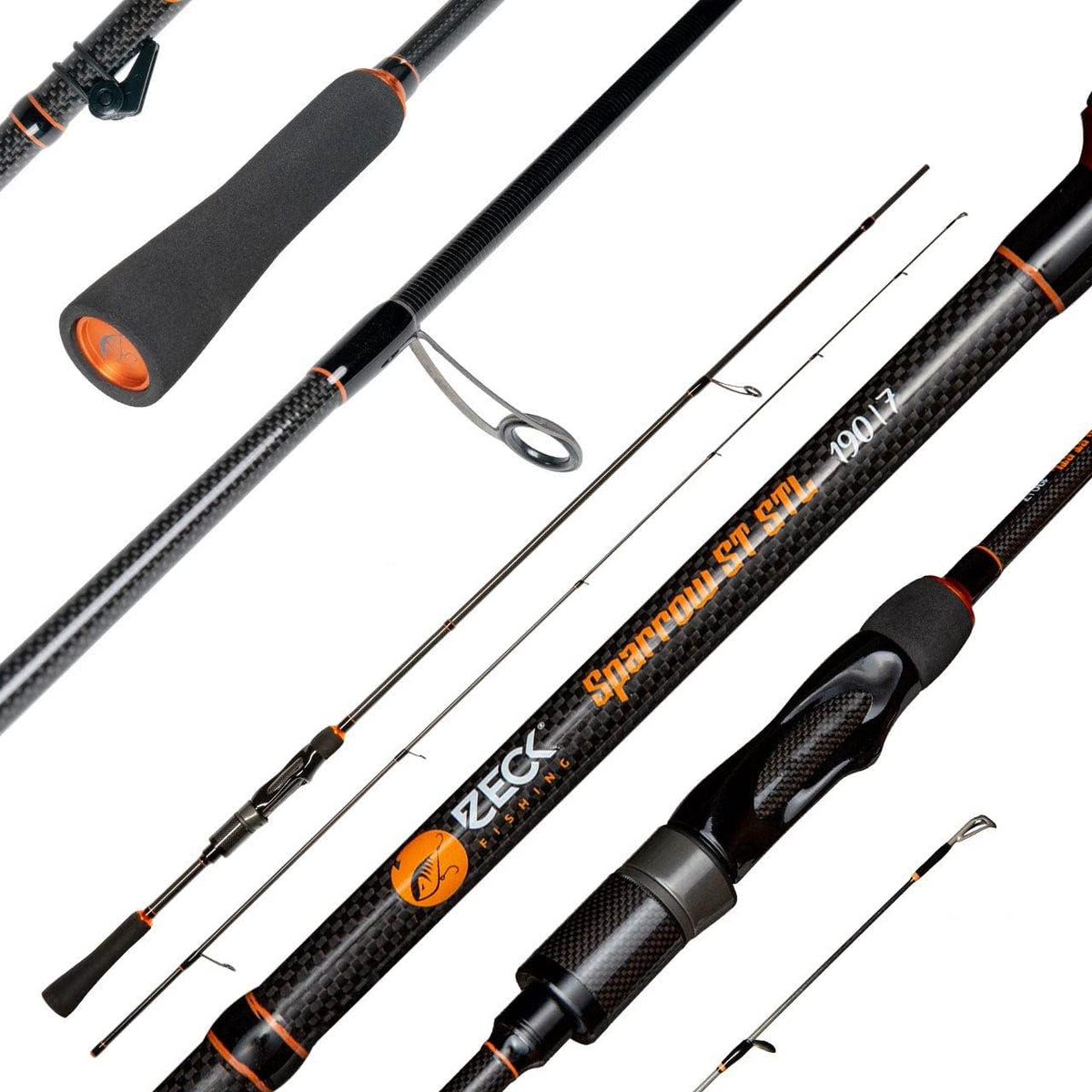 Zeck Predator Sparrow ST STL Spinnrute - 1 Komma 90 m Carbonrute mit 2 bis 7 g - Für Barsch Forelle Softbaits und Hardbaits - Schwarz Orange als Ultra Light Rute